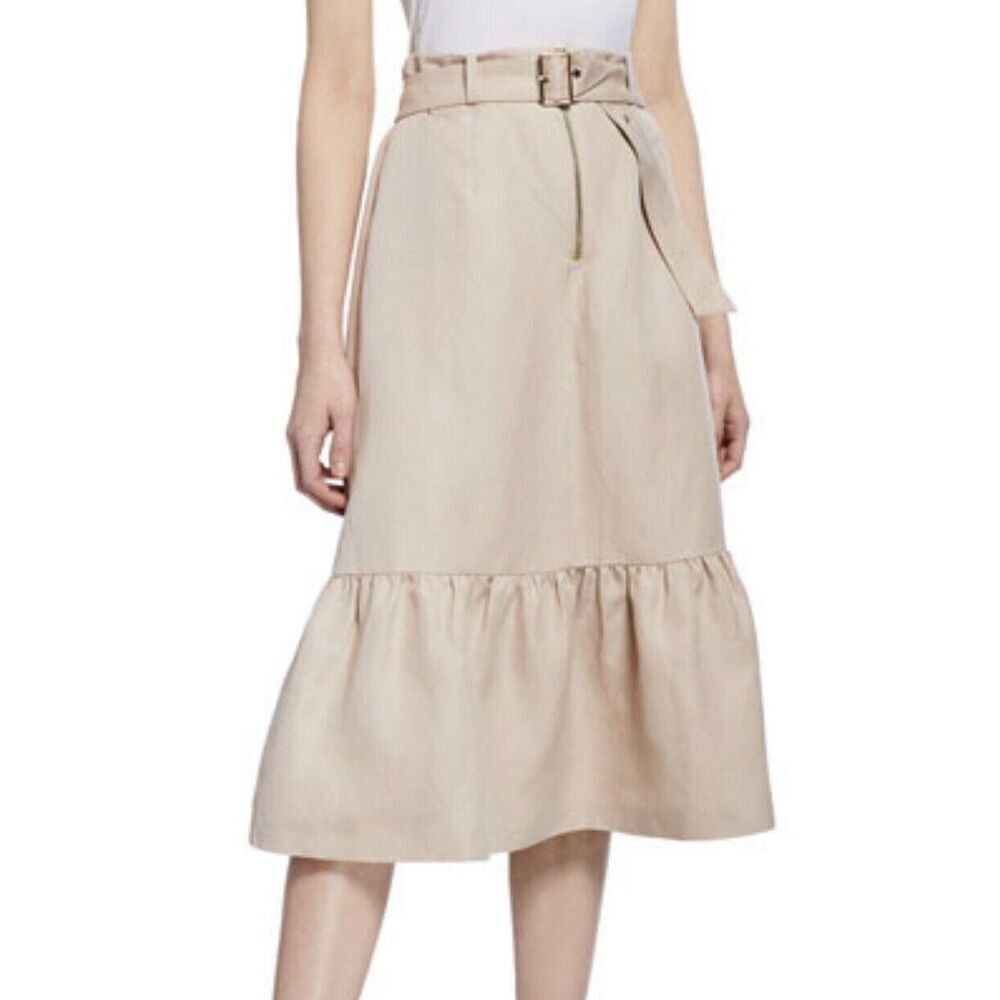 Kate Spade New York Womens Beige Belted Ruffled Silk Linen Flounce Skirt Size 10